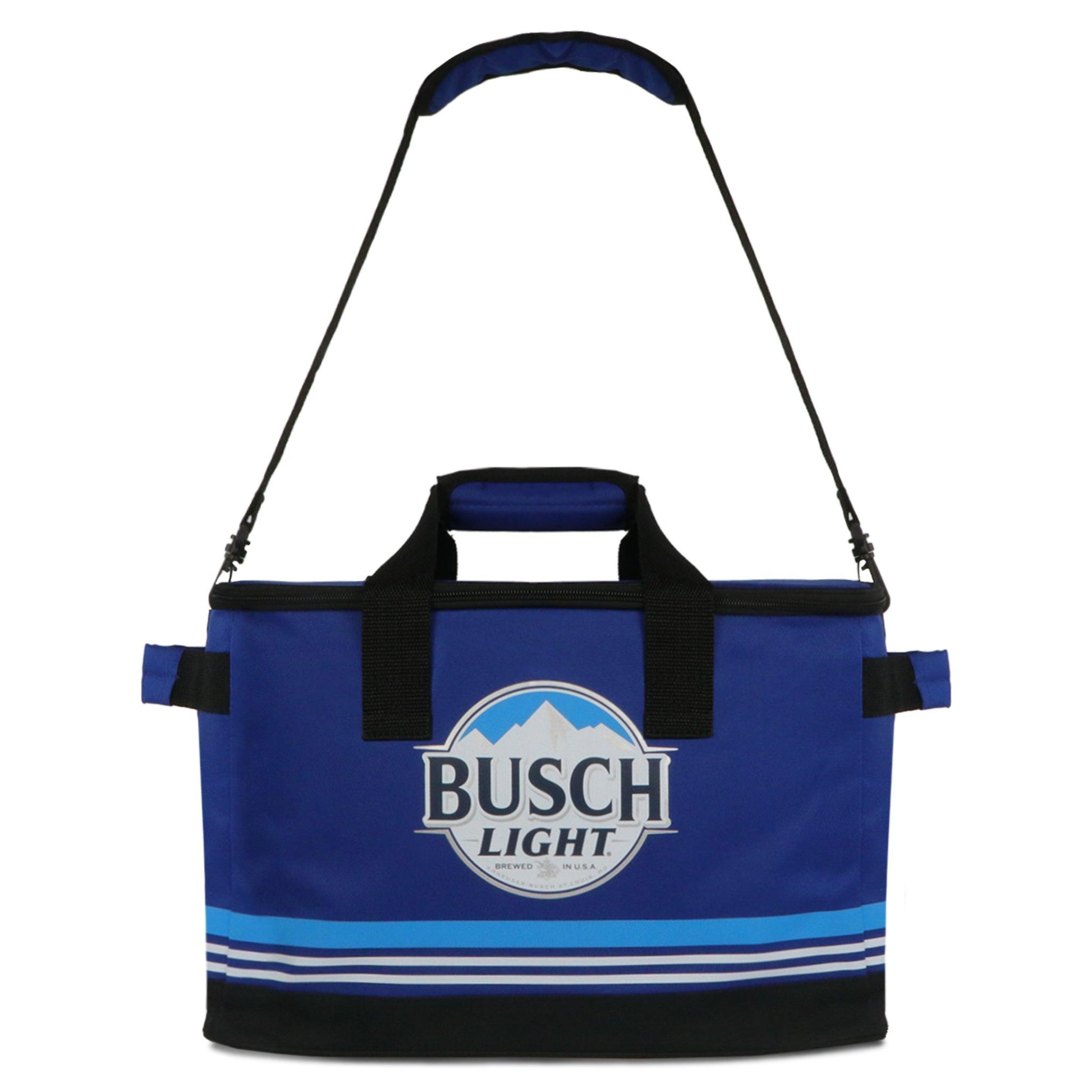 Busch Light Soft Cooler with Busch Light circle logo. Two handles on the sides, top carry handle and long carry strap.