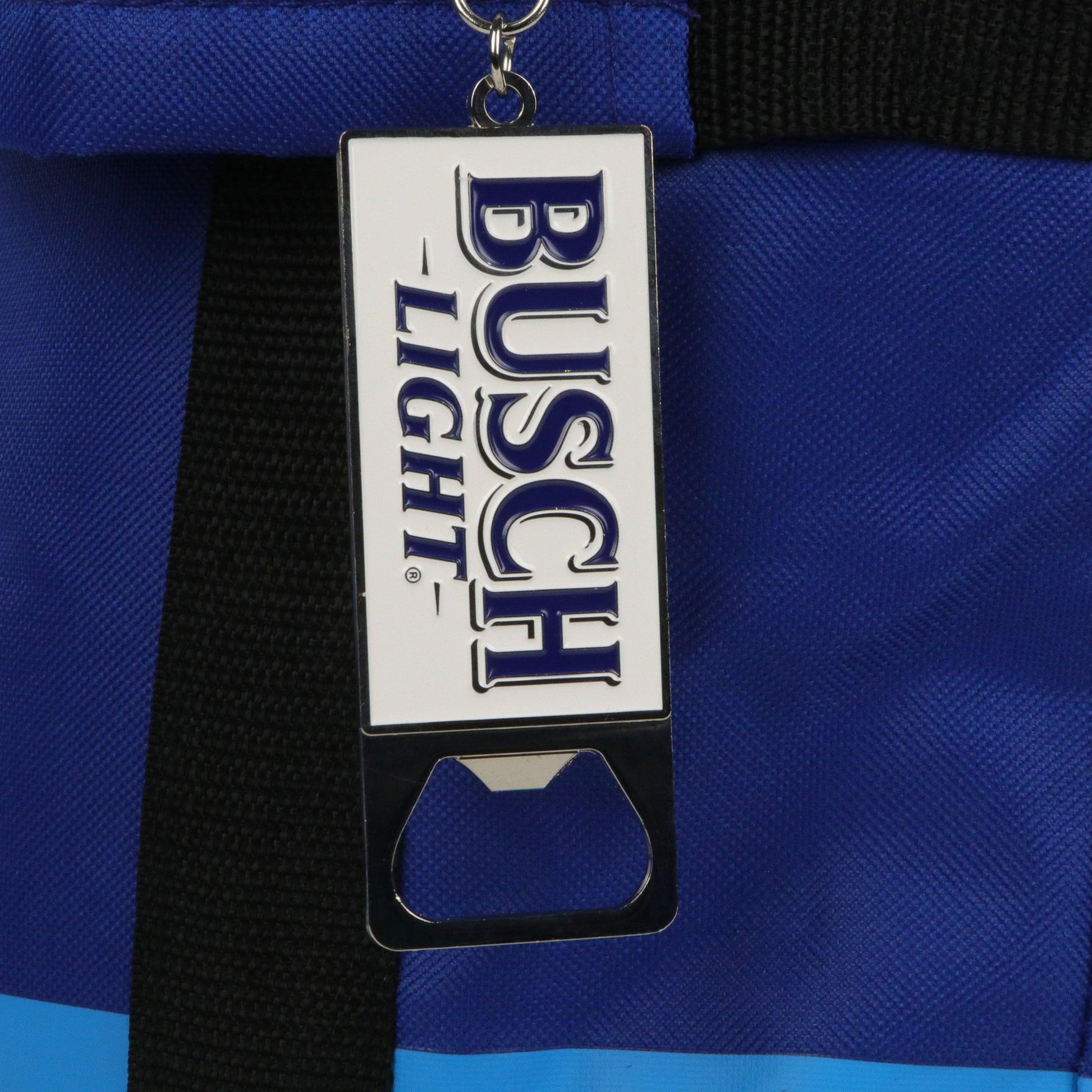 Close up of Busch light metal keychain bottle opener with busch Light logo