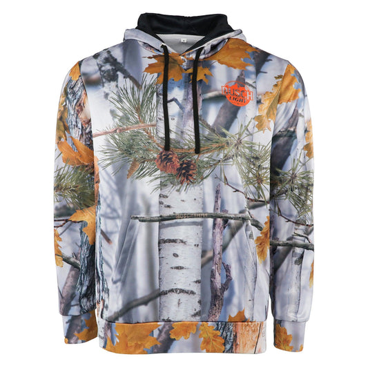 grey Busch Light camo sublimated hoodie with black drawstrings and neon orange Busch Light logo on front left chest of hoodie
