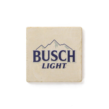 cream colored square stone coaster with Busch Light logo with mountains