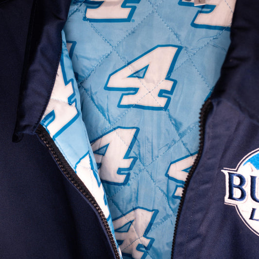 Inside of jacket, light blue with the number 4 scattered all over the inside.