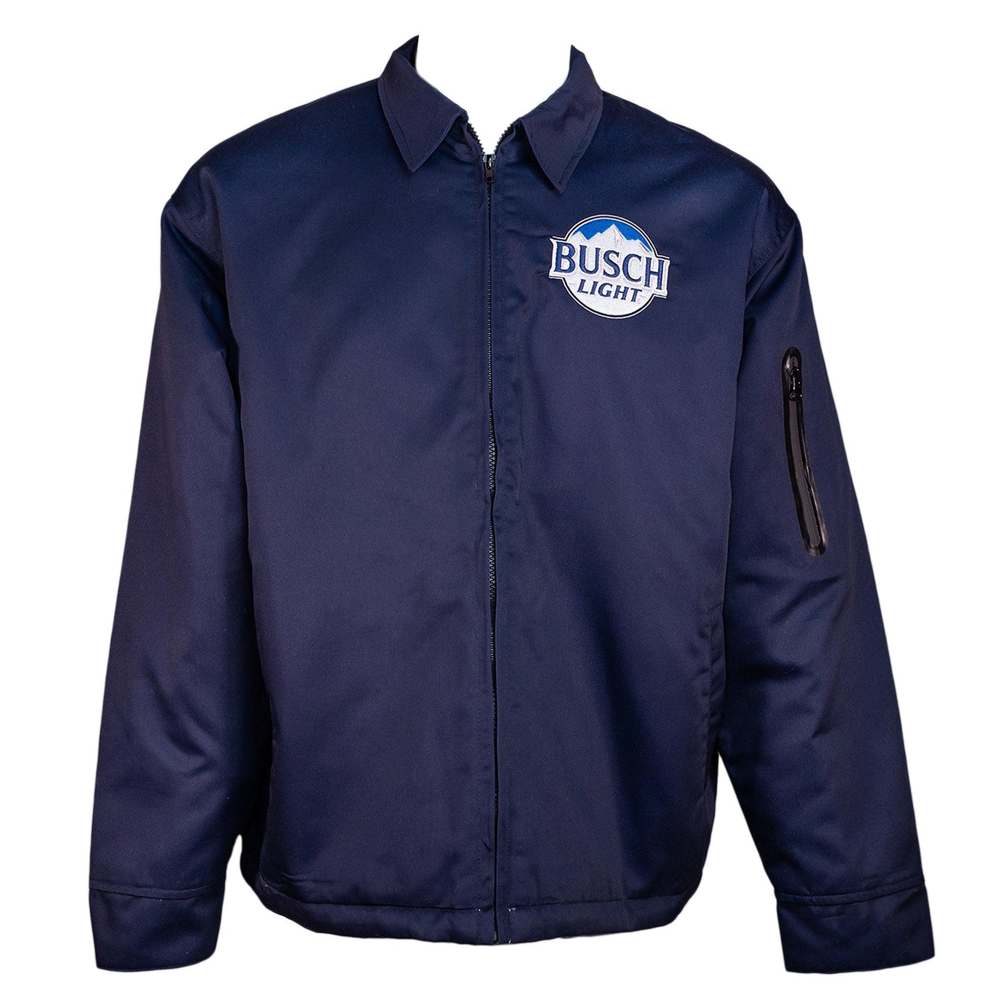 Front of navy full zip jacket with Busch Light logo on front left chest of jacket