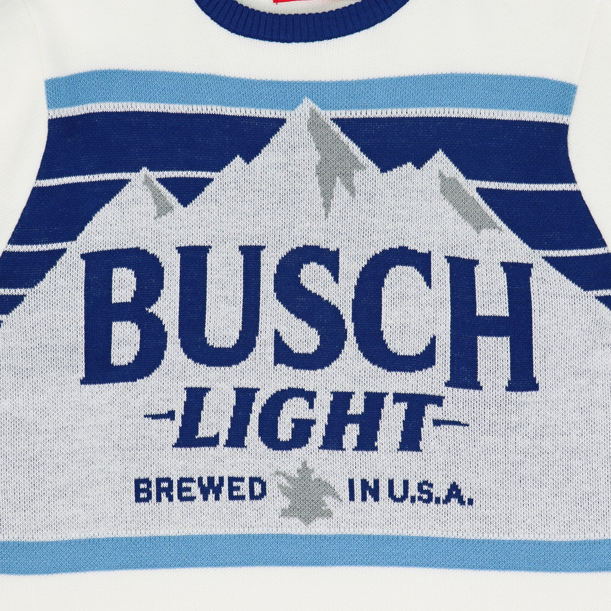 Zoomed in picture of front logo of Busch Light holiday sweater