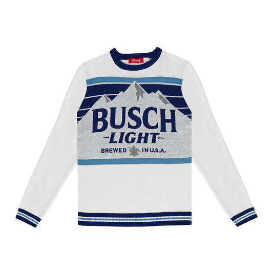 Busch Light holiday sweater, Busch Light Mountain logo on front