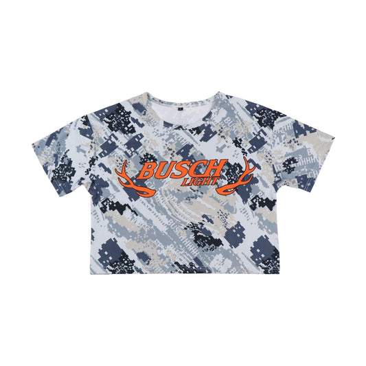 grey busch light womens camo crop t shirt with "busch light" in orange across chest and orange antlers on both ends