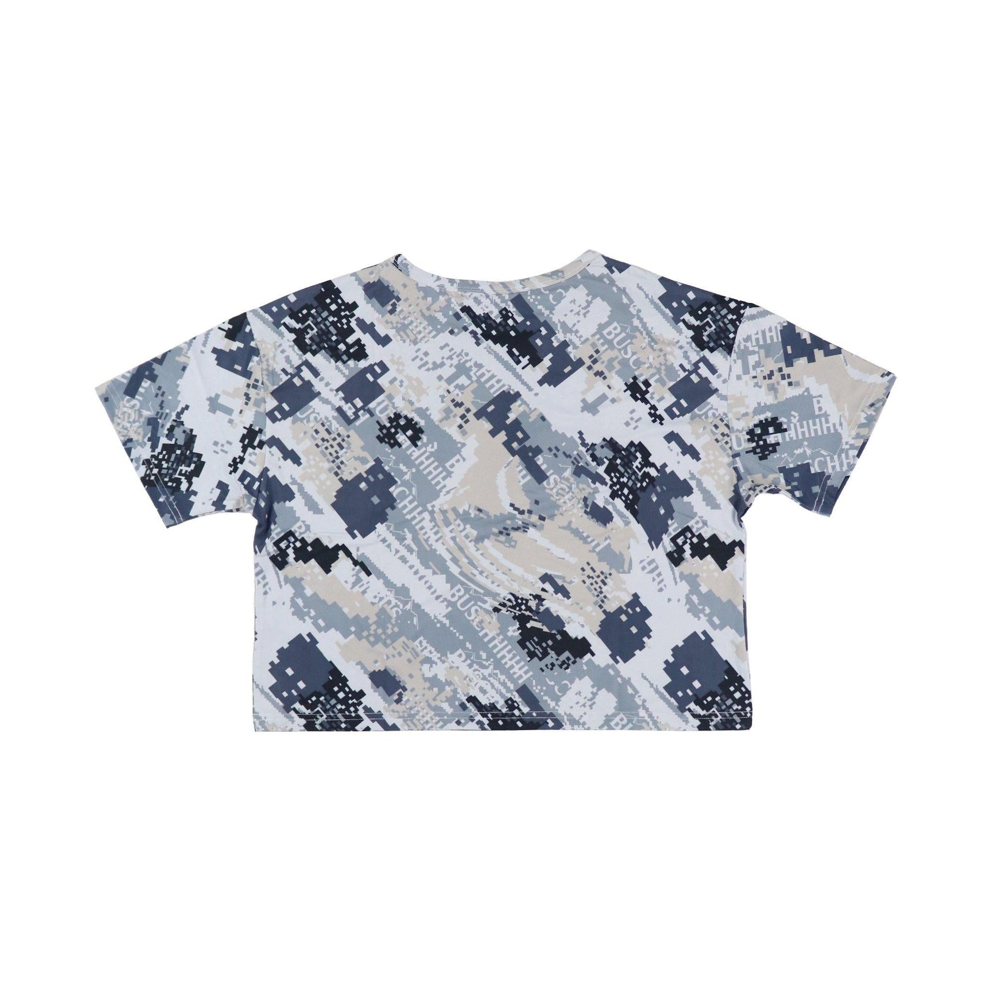 back of grey busch light womens camo crop t shirt