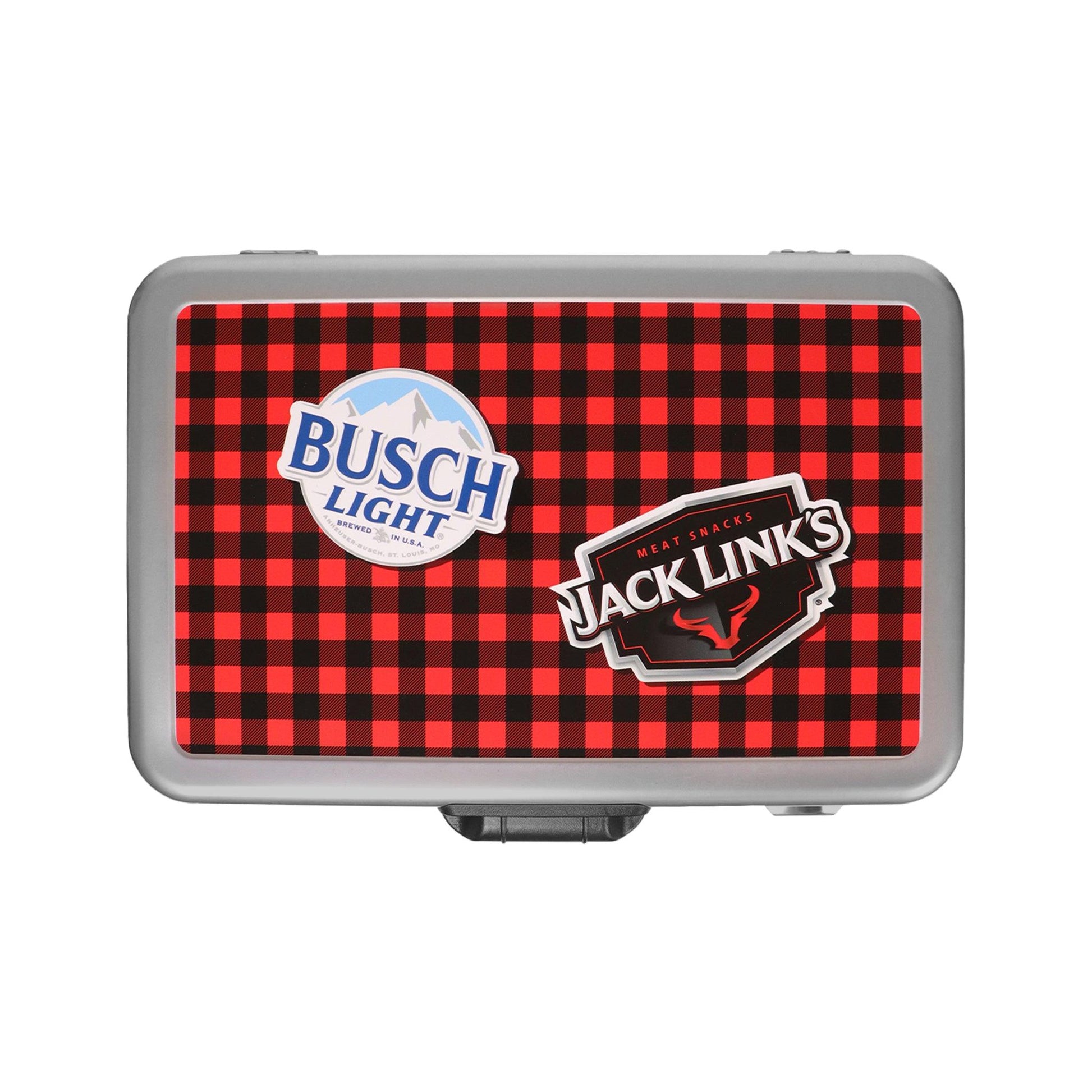 top of cooler with busch light and jack link logo with red and black plaid