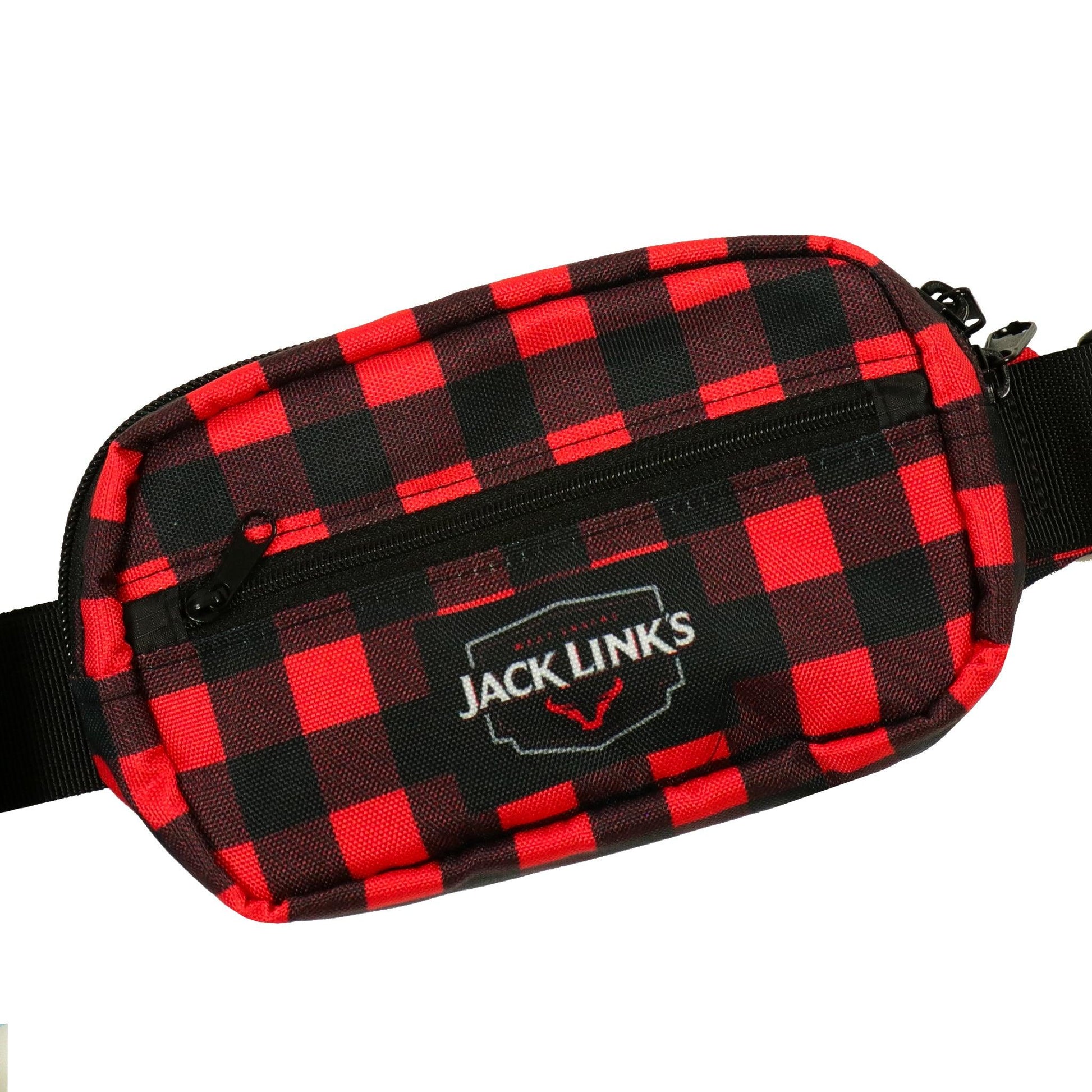 CLOSE UP OF FRONT OF FANNY PACK WITH JACK LINKS LOGO AND FRONT ZIPPER ENCLOSURE