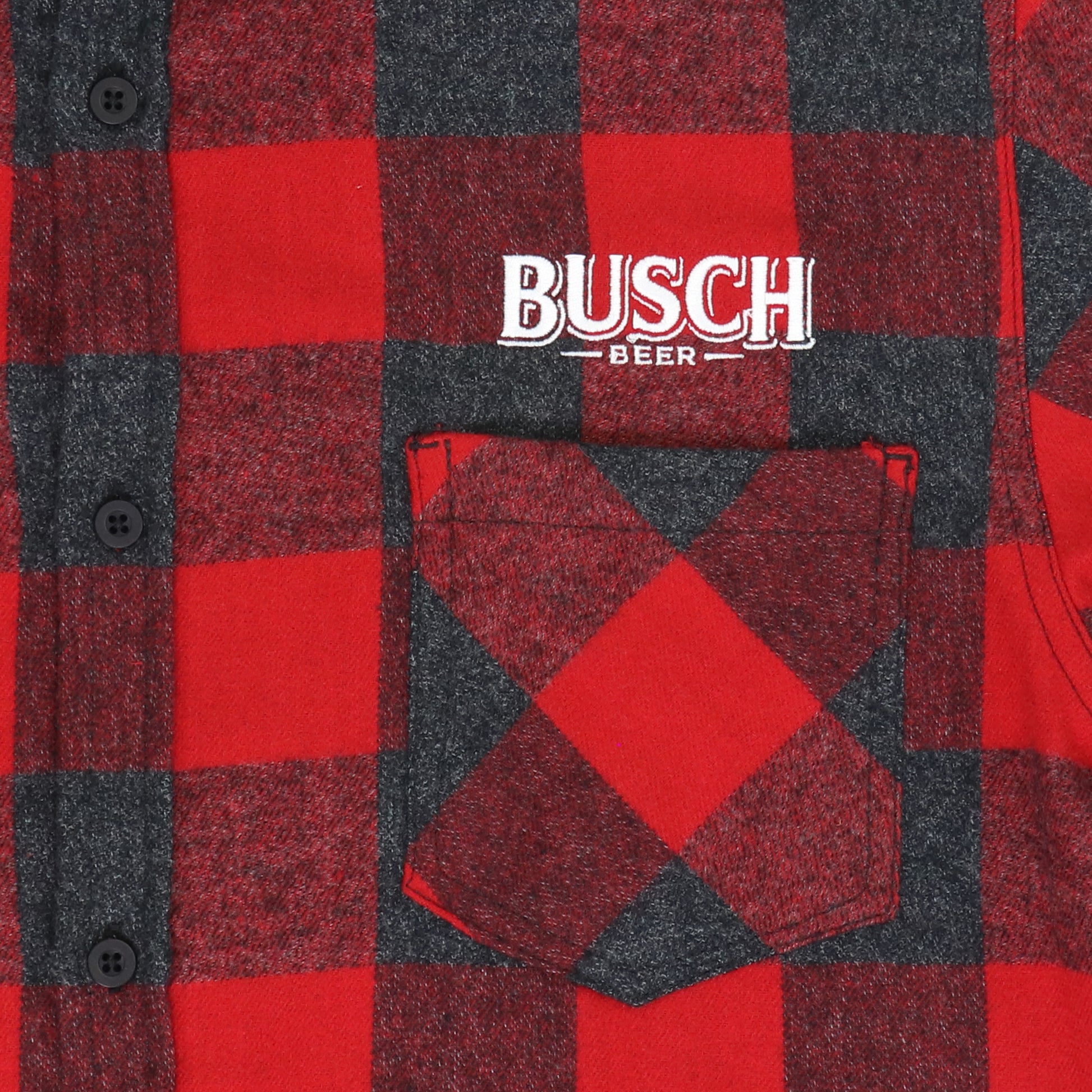 zoom in on front logo, Busch plaid flanned