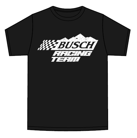 Black Busch racing shirt that reads Busch Racing team with Busch inside of mountains with a checkered flag trailing 