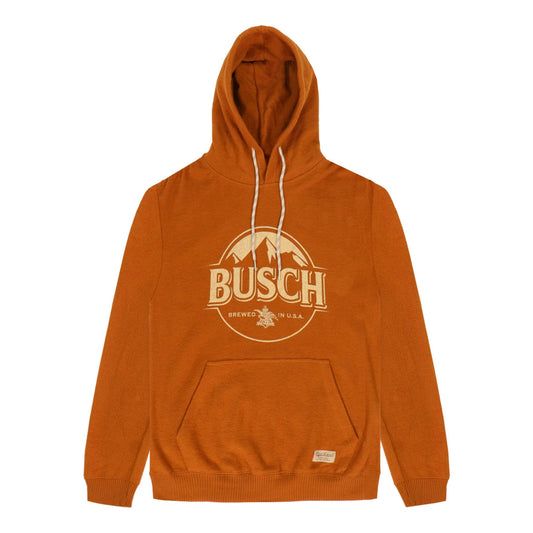 Busch logo on front of orange hoodie 