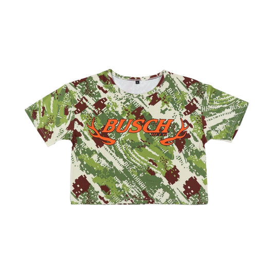 green busch camo womens crop t shirt with orange "busch light" across the center of chest and antlers on both ends