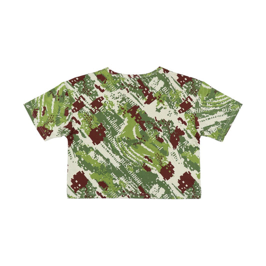 green busch camo womens crop t shirt with orange "busch light" across the center of chest and antlers on both ends