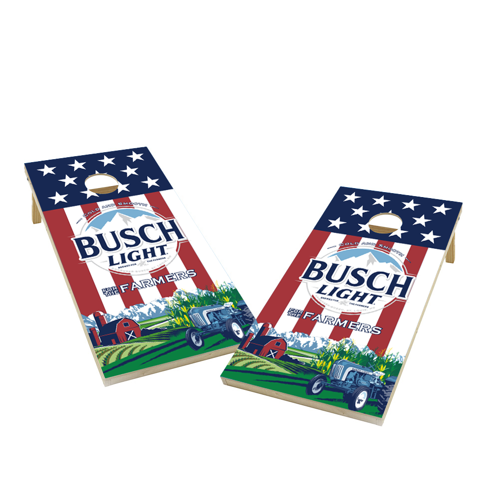 Two Busch Light cornhole boards with American flag design on a white background