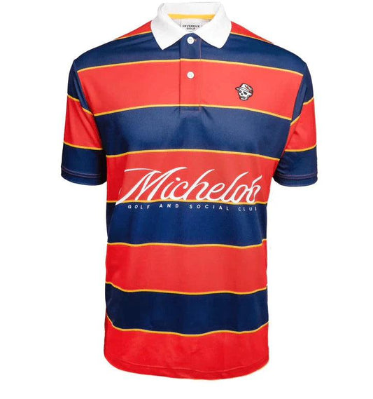 Men's Classic polo with Michelob Golf and Social Club logo on front of polo. Navy and red thick stripes with Skull logo on top left chest