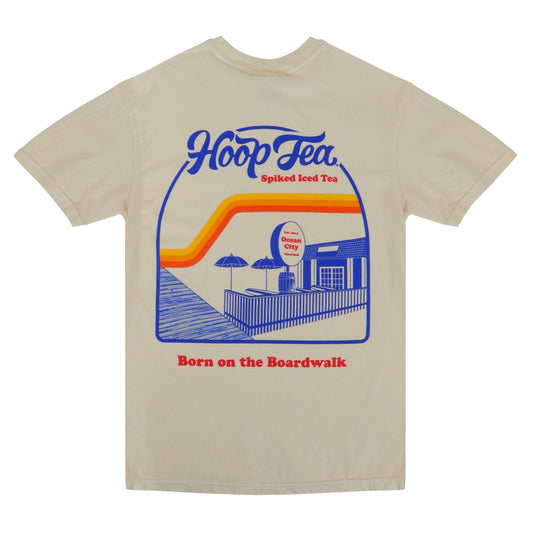 Front of Hoop Tea shirt with Hoop Tea logo on front left chest of shirt.