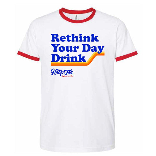 White t-shirt with red ringer on shirt. Rethink your day drink across chest. hoop tea logo below 