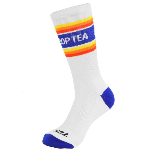 White Hoop Tea Long Socks with blue heel and toe.