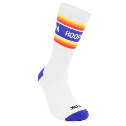 White Hoop Tea Long Socks with blue heel and toe.