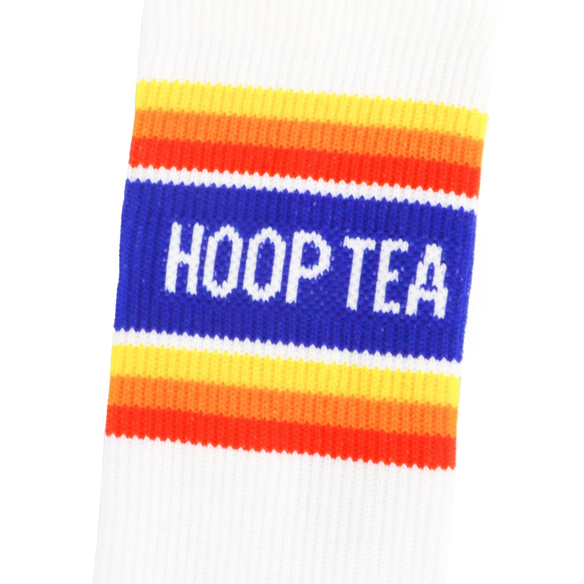 Close up of Hoop Tea design at top of sock