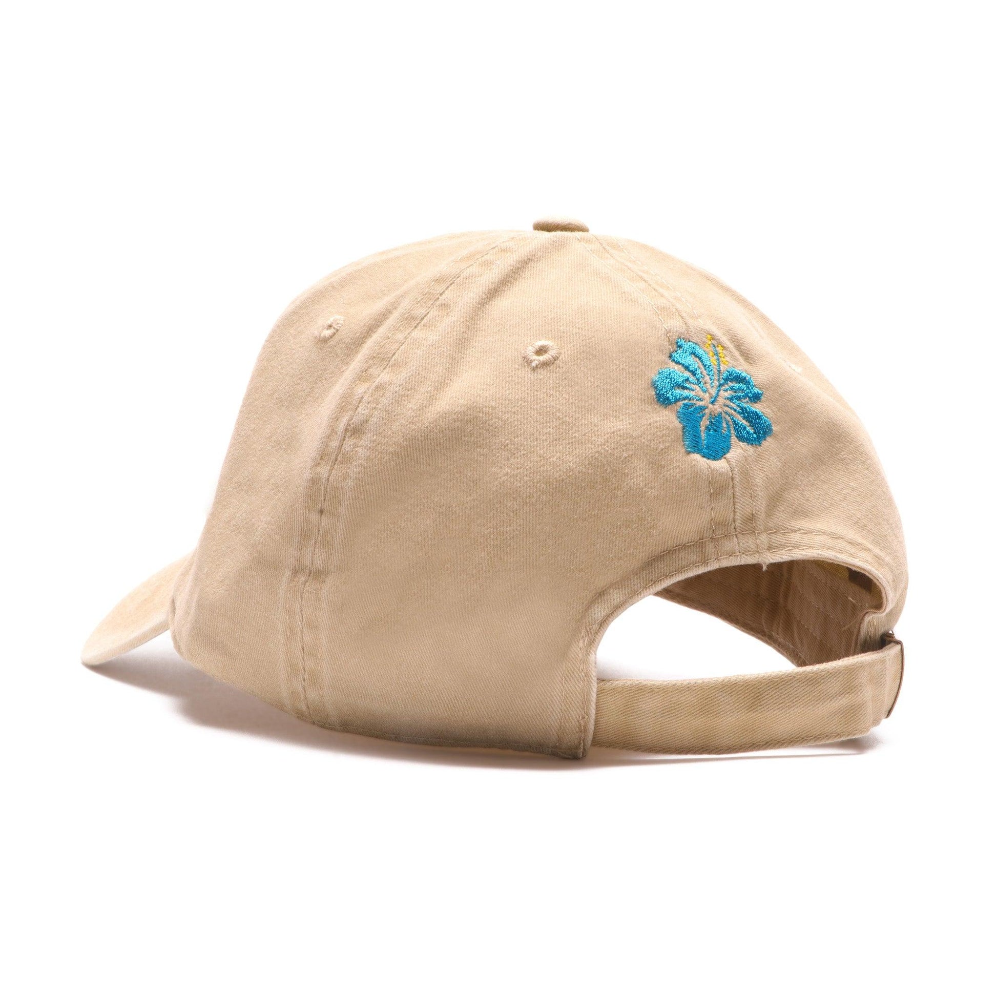 back of kona dad hat with blue embroidered hibiscus flower