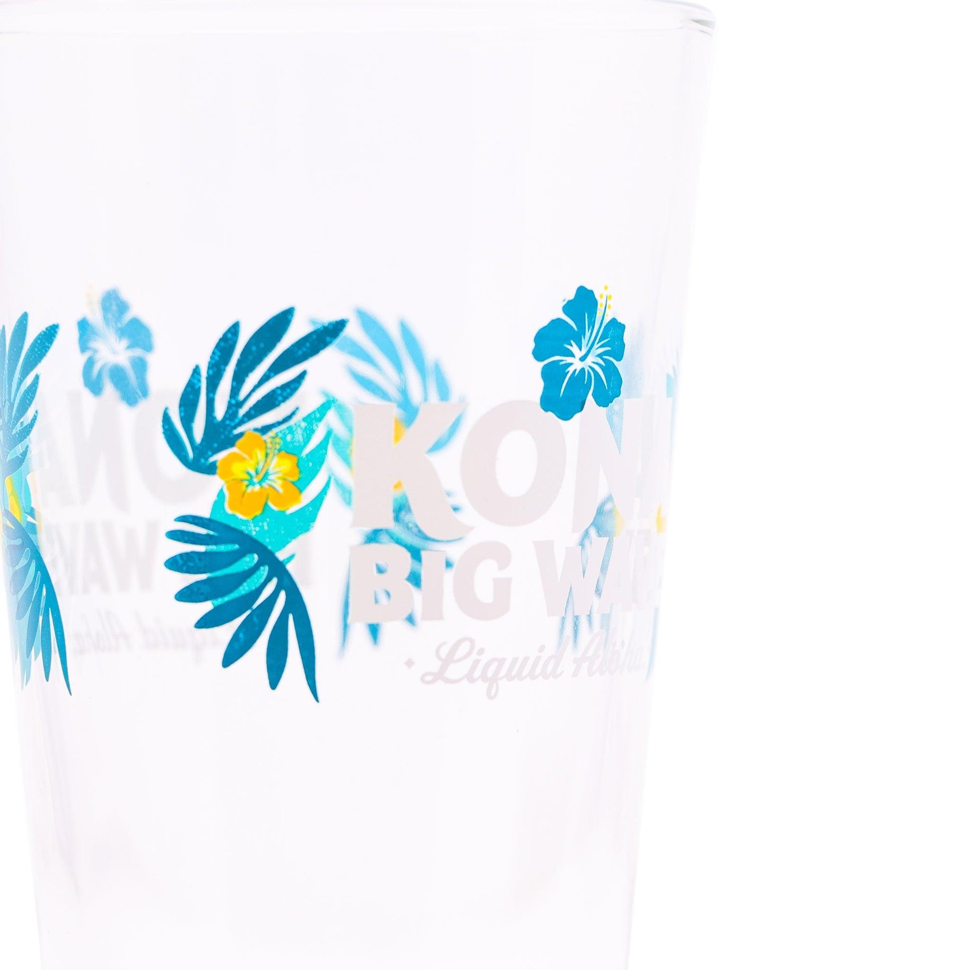 close up of big wave logo pint glass