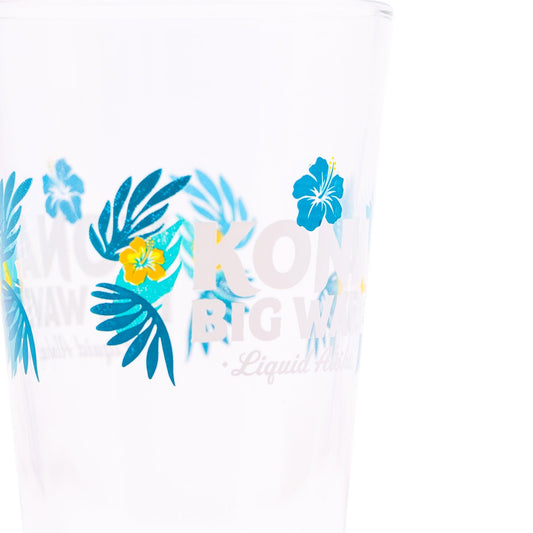 close up of big wave logo pint glass