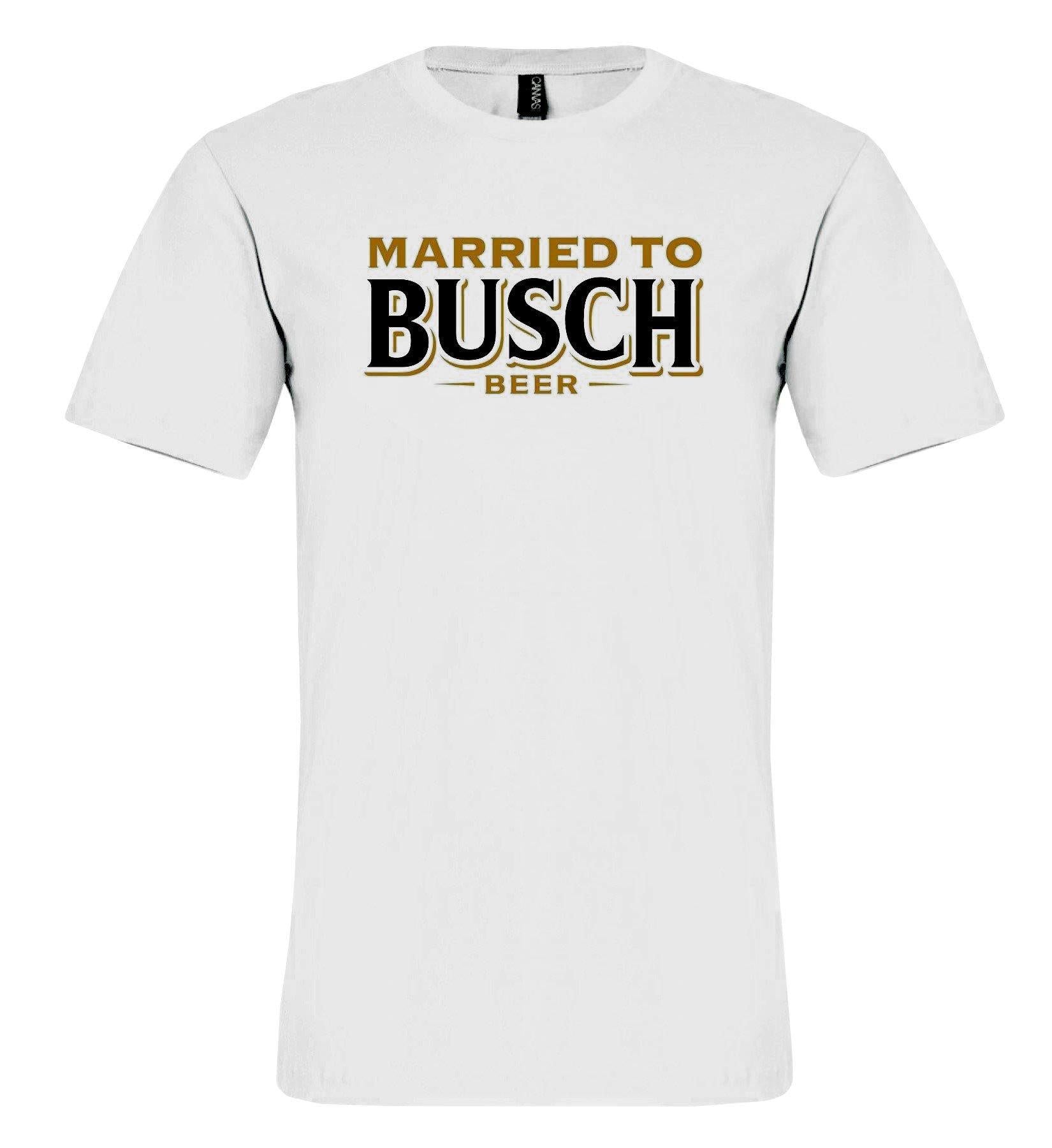 white t shirt with married to busch beer in busch's font across the chest. "Married to" and "beer" is in gold and "Busch" is in black.