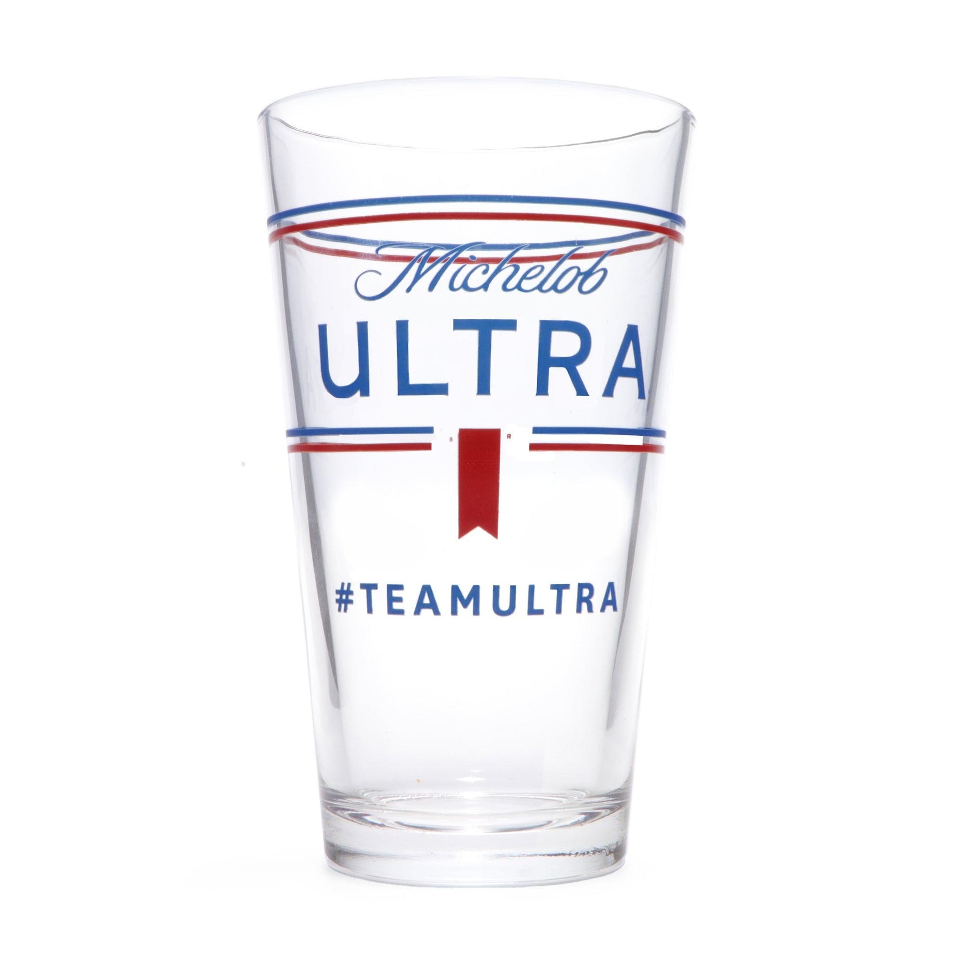 empty 16 oz glass with Michelob ultra logo surrounded by red and blue lines  with #teamultra under 
