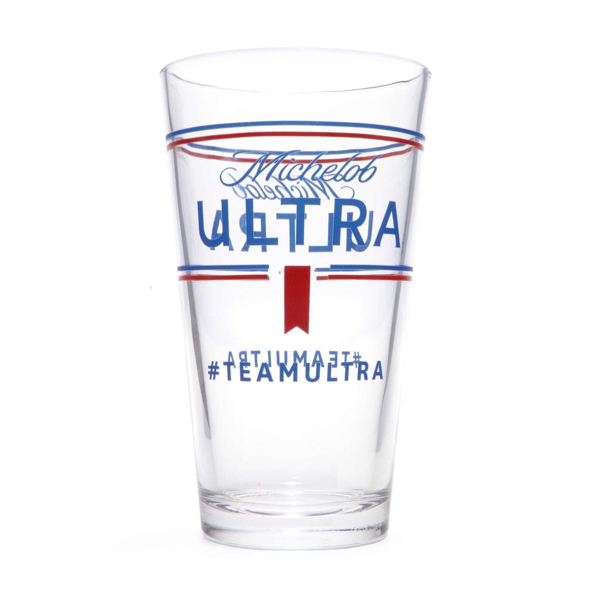 empty 16 oz glass with Michelob ultra logo surrounded by red and blue lines with #teamultra under