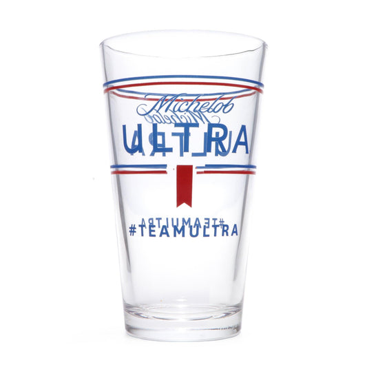 empty 16 oz glass with Michelob ultra logo surrounded by red and blue lines with #teamultra under