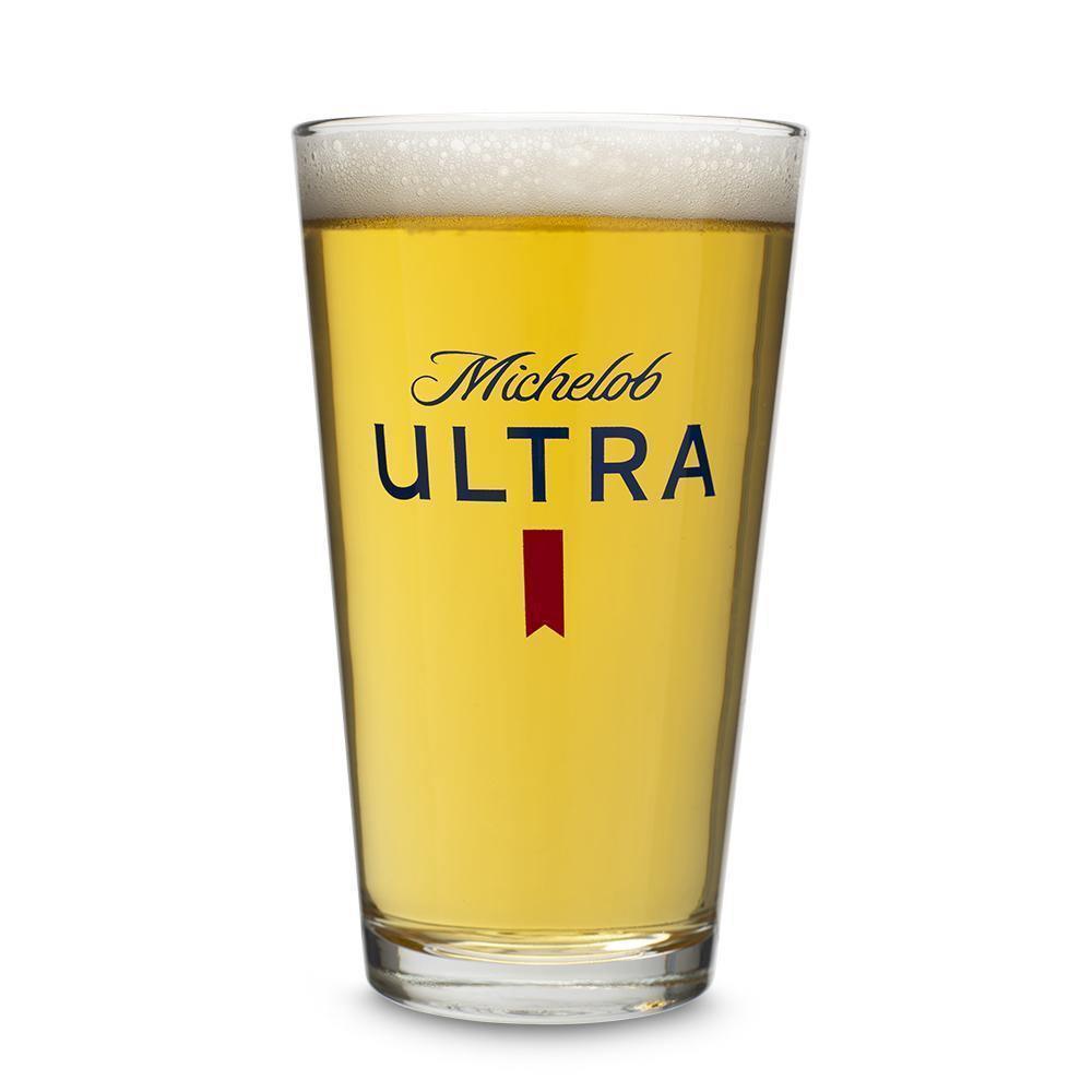 Michelob Ultra brand pint glass containing beer