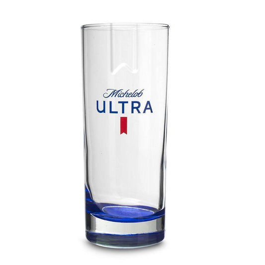 Michelob ULTRA branded pint glass with blue bottom and ribbon detail