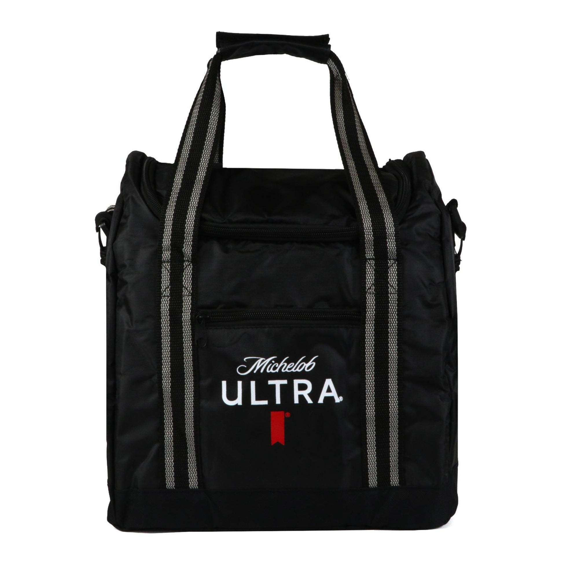 Black soft sided cooler with Michelob ULTRA logo with ribbon on front zipper pocket of bag. Features carry handle and top zipper enclosure