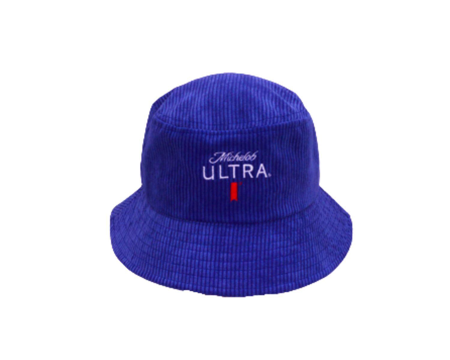 blue michelob ultra corduroy bucket hat with michelob ultra logo