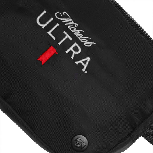 close up of Michelob Ultra with ribbon logo embroidered on front of bag
