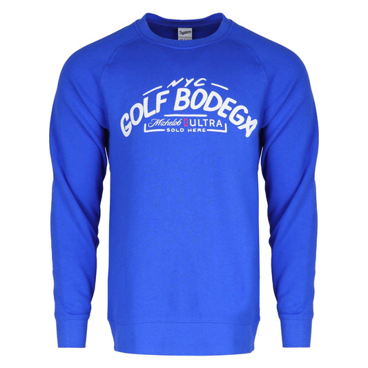 Blue crewneck that reads NYC Golf Bodega Michelob ULTRA Sold Here on front full chest