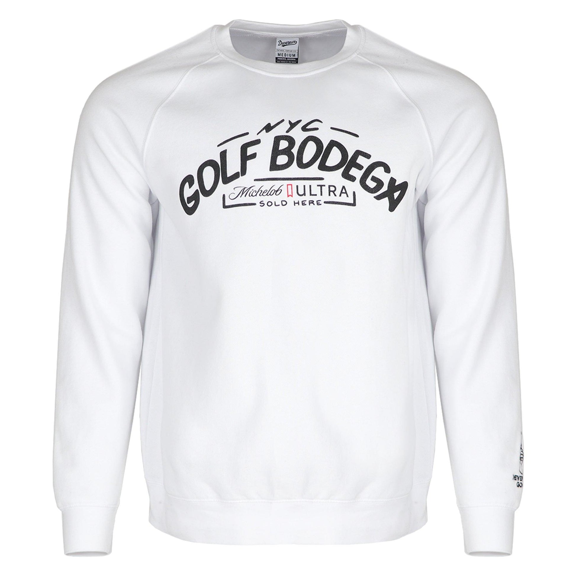 White crewneck that reads NYC Golf Bodega Michelob ULTRA Sold Here on front full chest