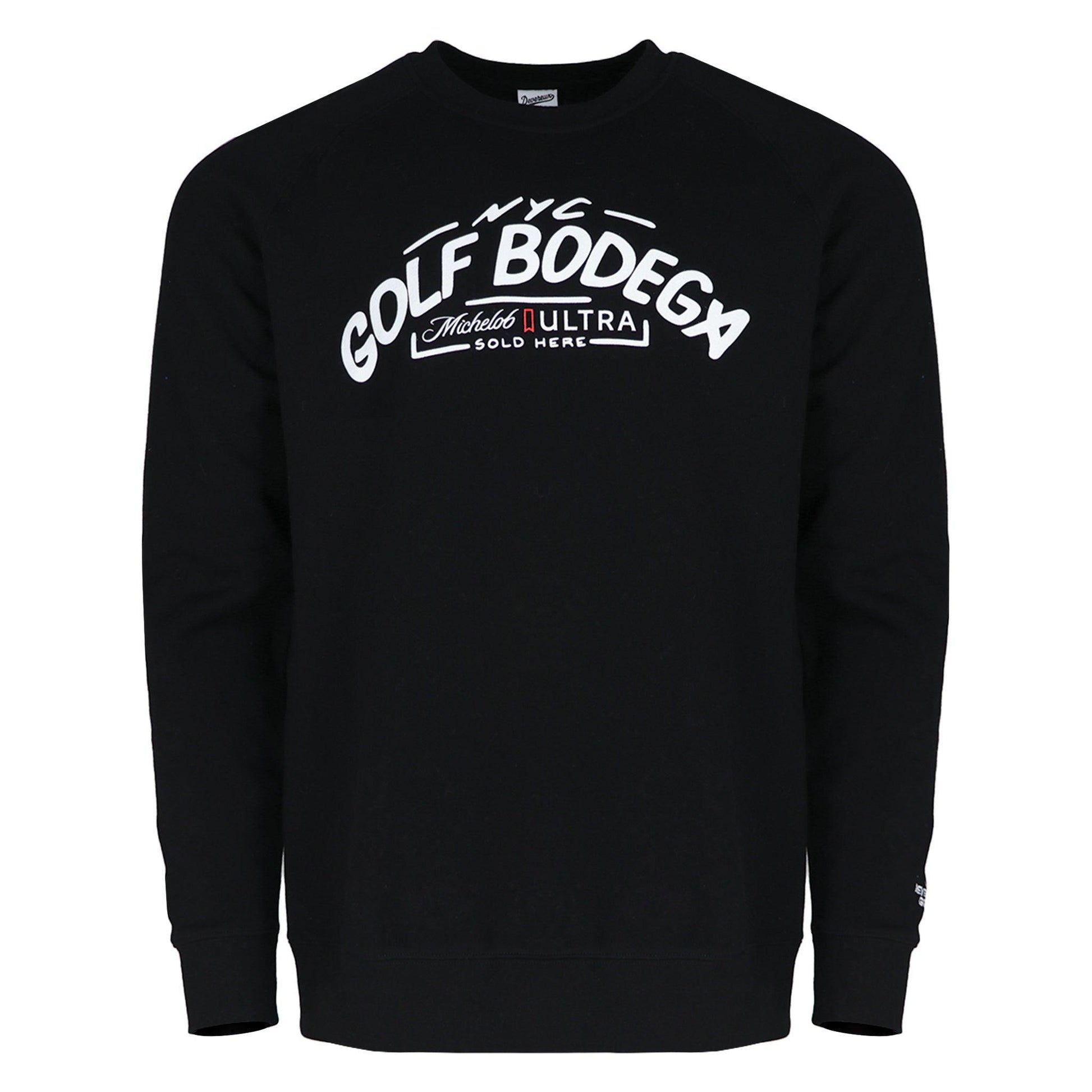 Black crewneck that reads NYC Golf Bodega Michelob ULTRA Sold Here on front full chest