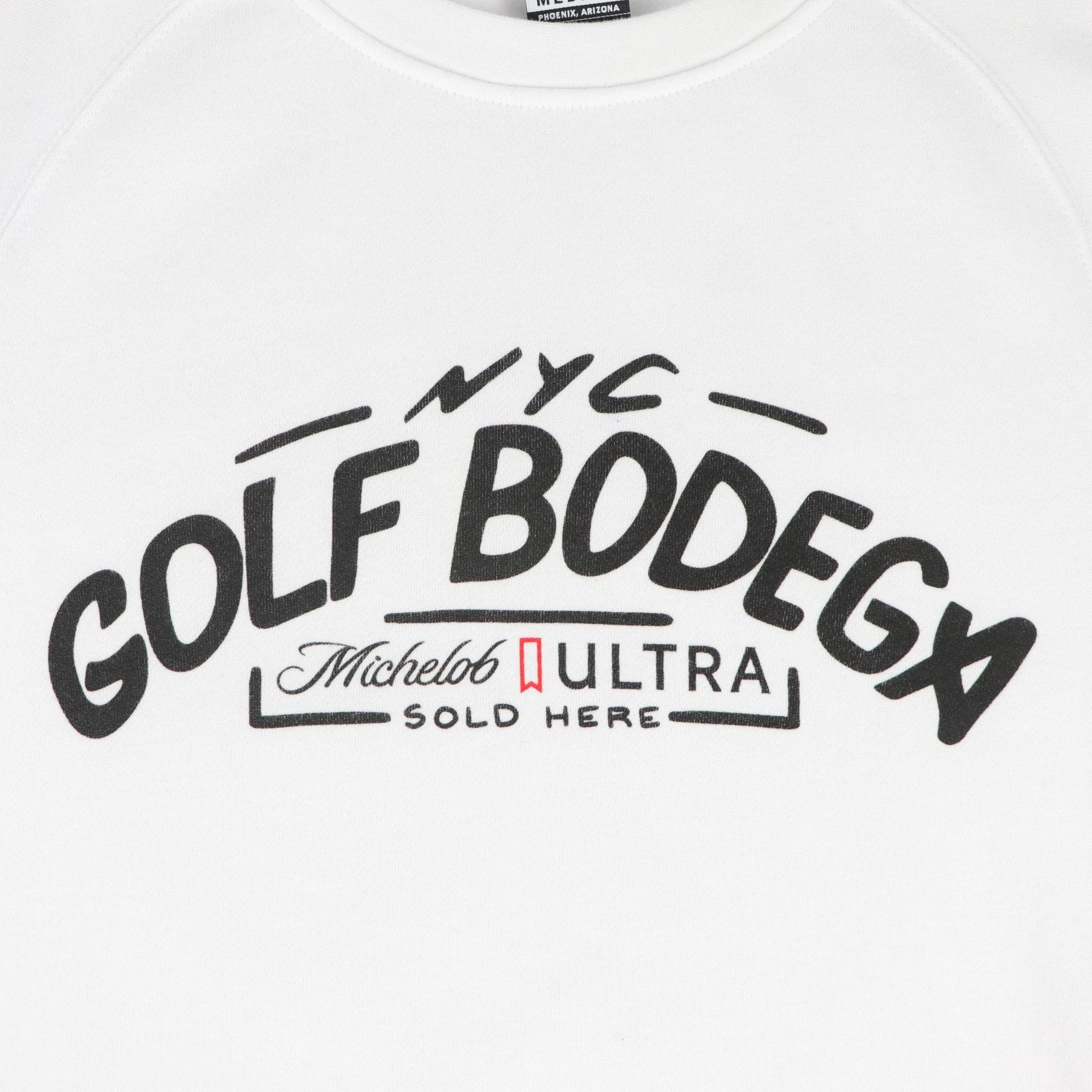 Close up of Golf Bodega logo in black on white crewneck