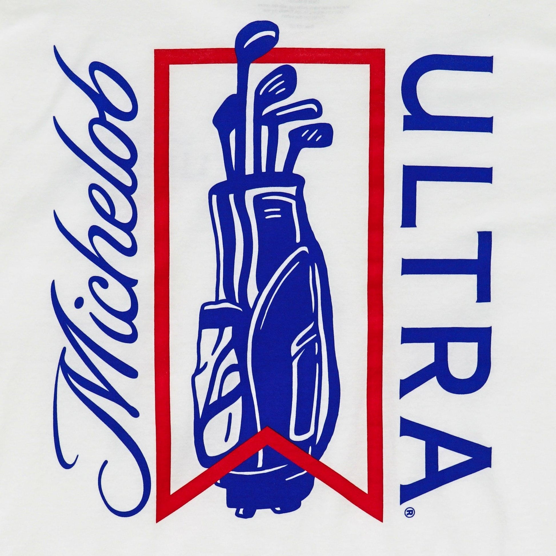 Zoom in on back ULTRA logo with golf club bag inside ribbon