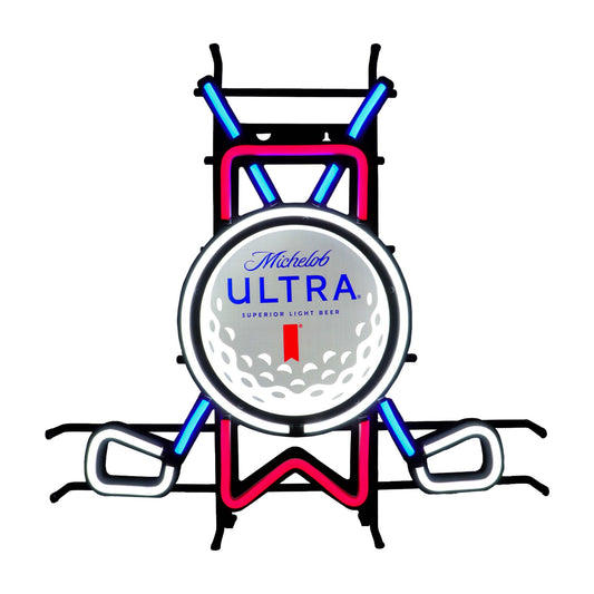 Michelob ULTRA Golf LED with two clubs crossing, the ULTRA Ribbon with an ULTRA Golf Ball in the center