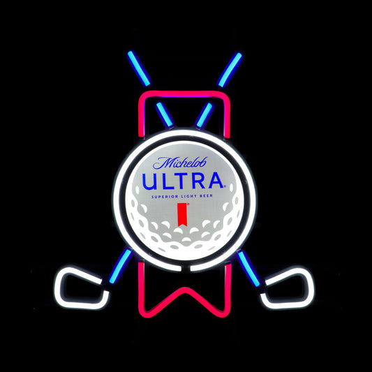 Michelob ULTRA Golf LED with two clubs crossing, the ULTRA Ribbon with an ULTRA Golf Ball in the center lit up