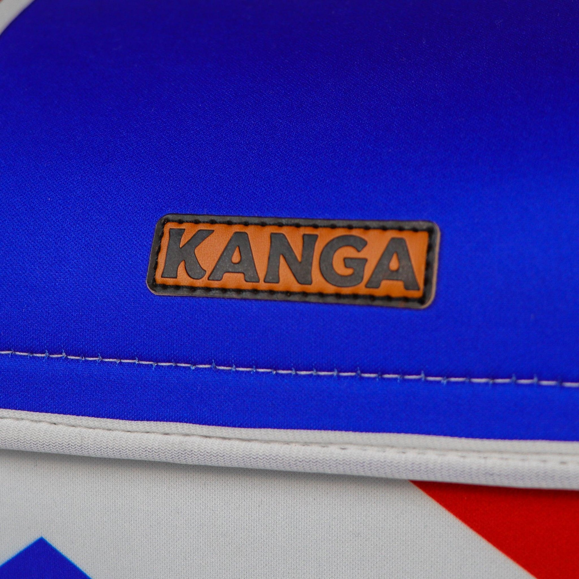 Close up of leather Kanga logo patch