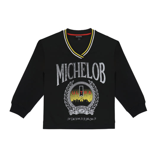 front of Black crewneck with Michelob on top of the ultra crest