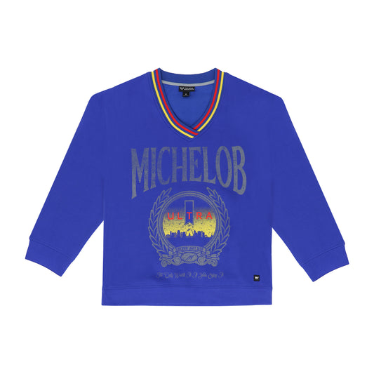 front of blue crewneck with Michelob on top of the ultra crest