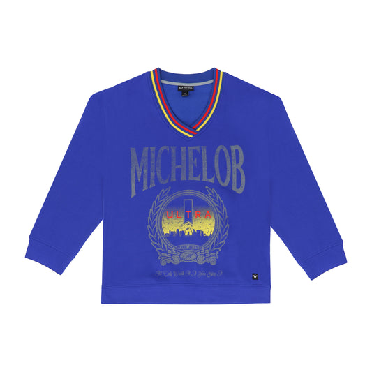 front of blue crewneck with Michelob on top of the ultra crest