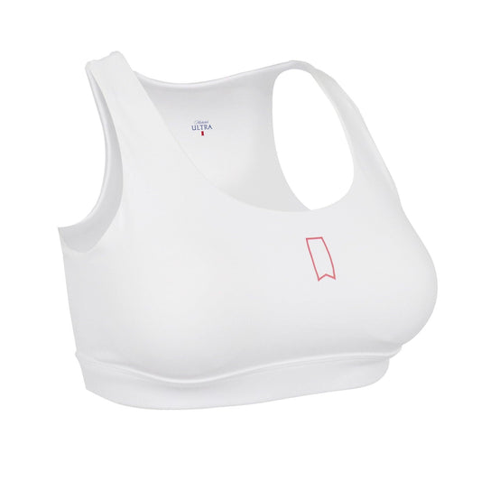 White Sports bra with Michelob ULTRA Red Ribbon outline in the front