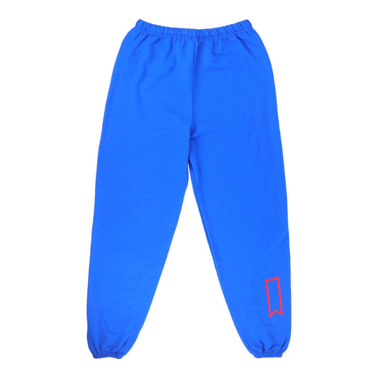 Blue sweatpants with ULTRA red ribbon on the bottom of left leg.
