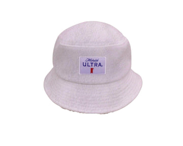 white sherpa michelob ultra bucket hat with michelob ultra logo